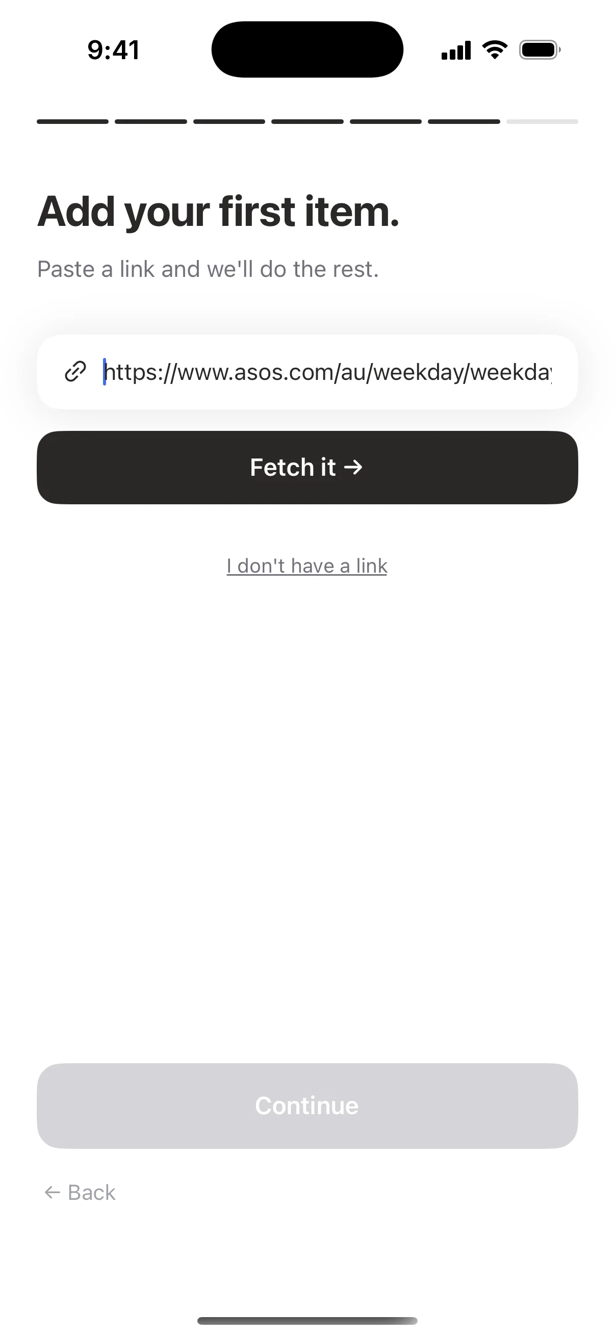 A product link pasted into Tayla, ready to fetch