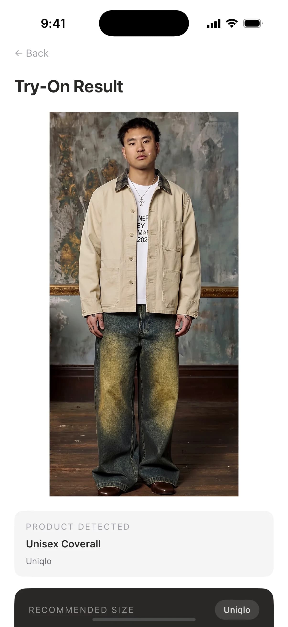 A finished try-on: the garment rendered on the person who pasted the link