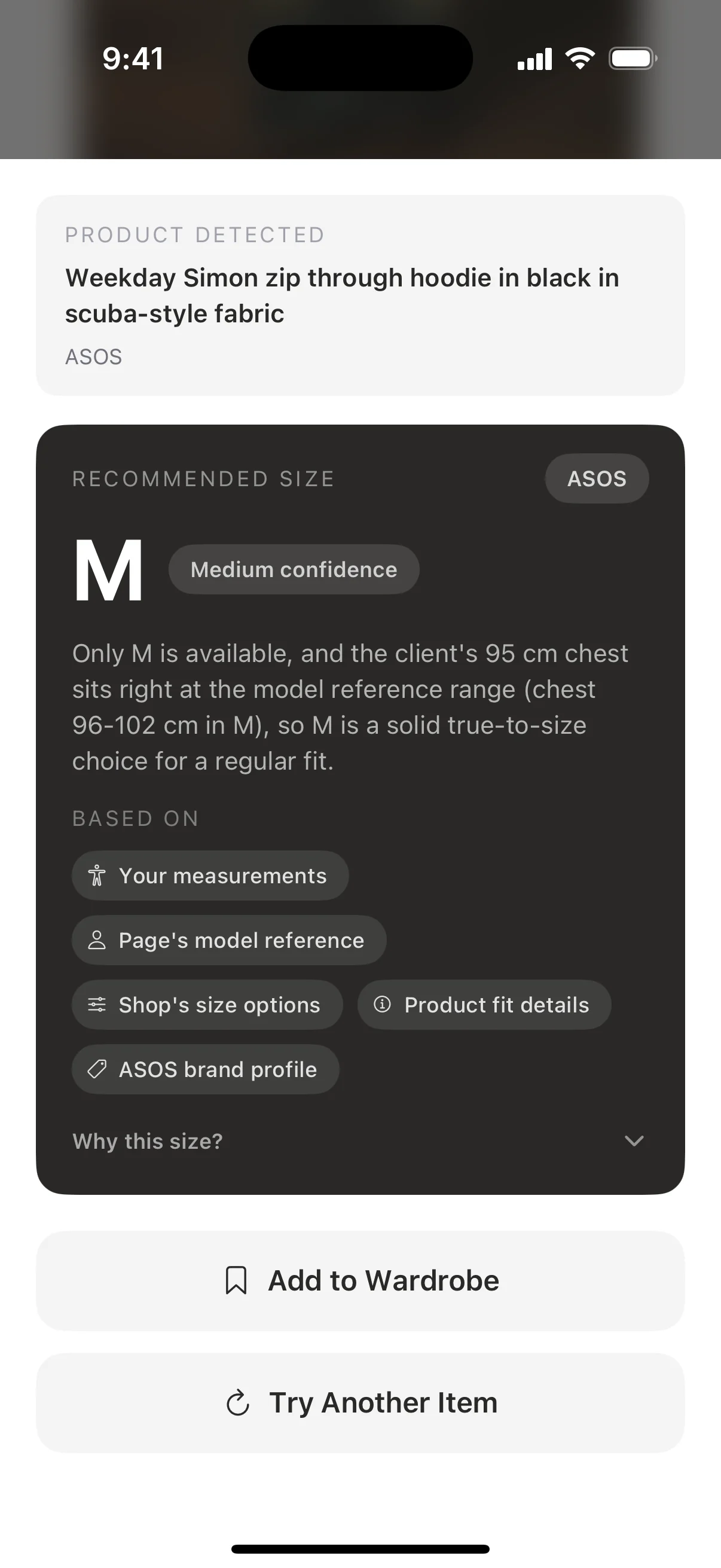 A size recommendation of medium, with the reasoning behind it